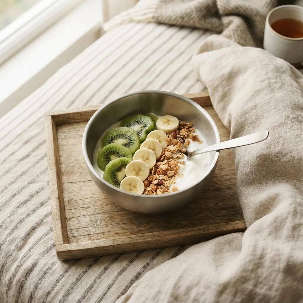 Skål i børstet stål med yoghurt, frugt og granola på en træbakke på stribet hør