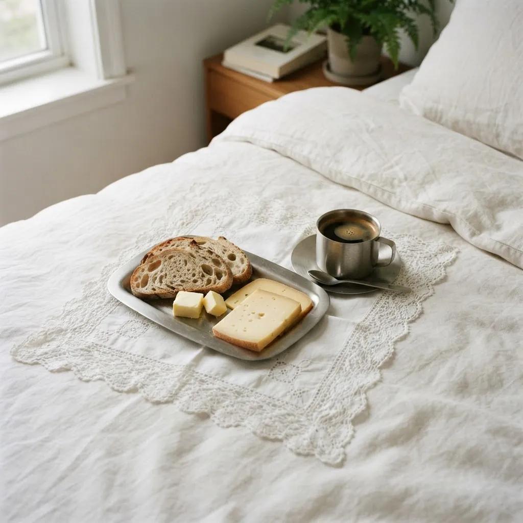 Morgenmad med brød og kaffe set oppefra, serveret på børstet stålservice på hvid hør