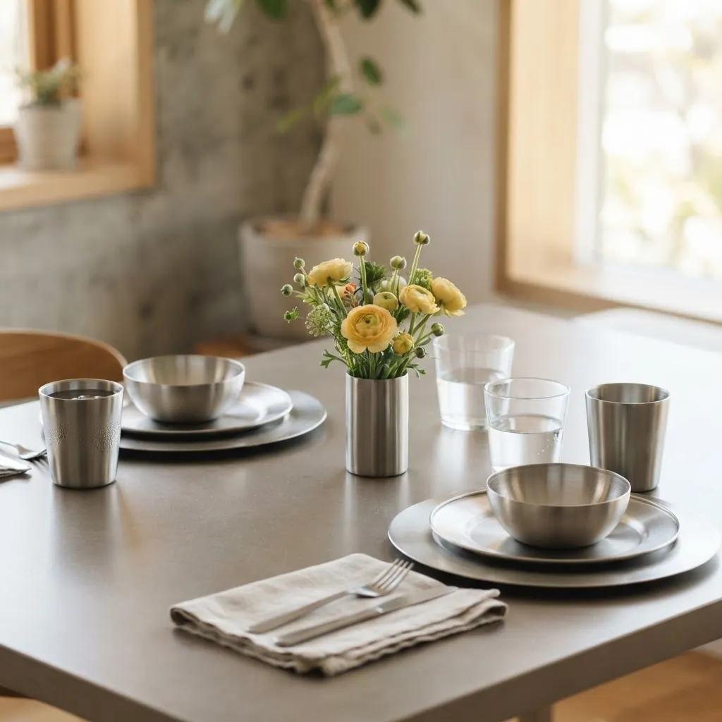 Dækket bord med tallerkener, skåle og kopper i børstet stål med blomster og vandglas