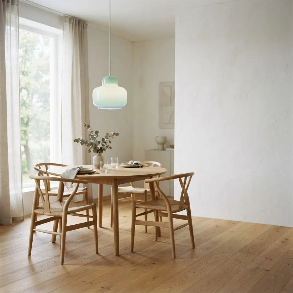 En pastelfarvet pendel over et minimalistisk skandinavisk spisebord i et lyst rum