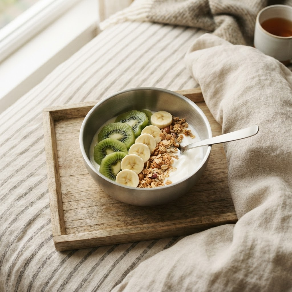 Brushed steel bowl of yogurt, fruit and granola on a wooden tray over striped linen