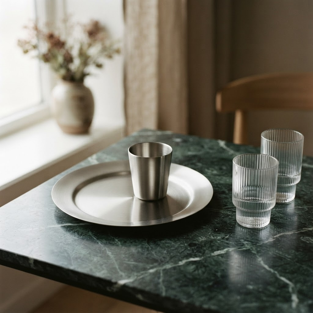 Brushed steel plate and cup styled with fluted glasses on a dark marble table