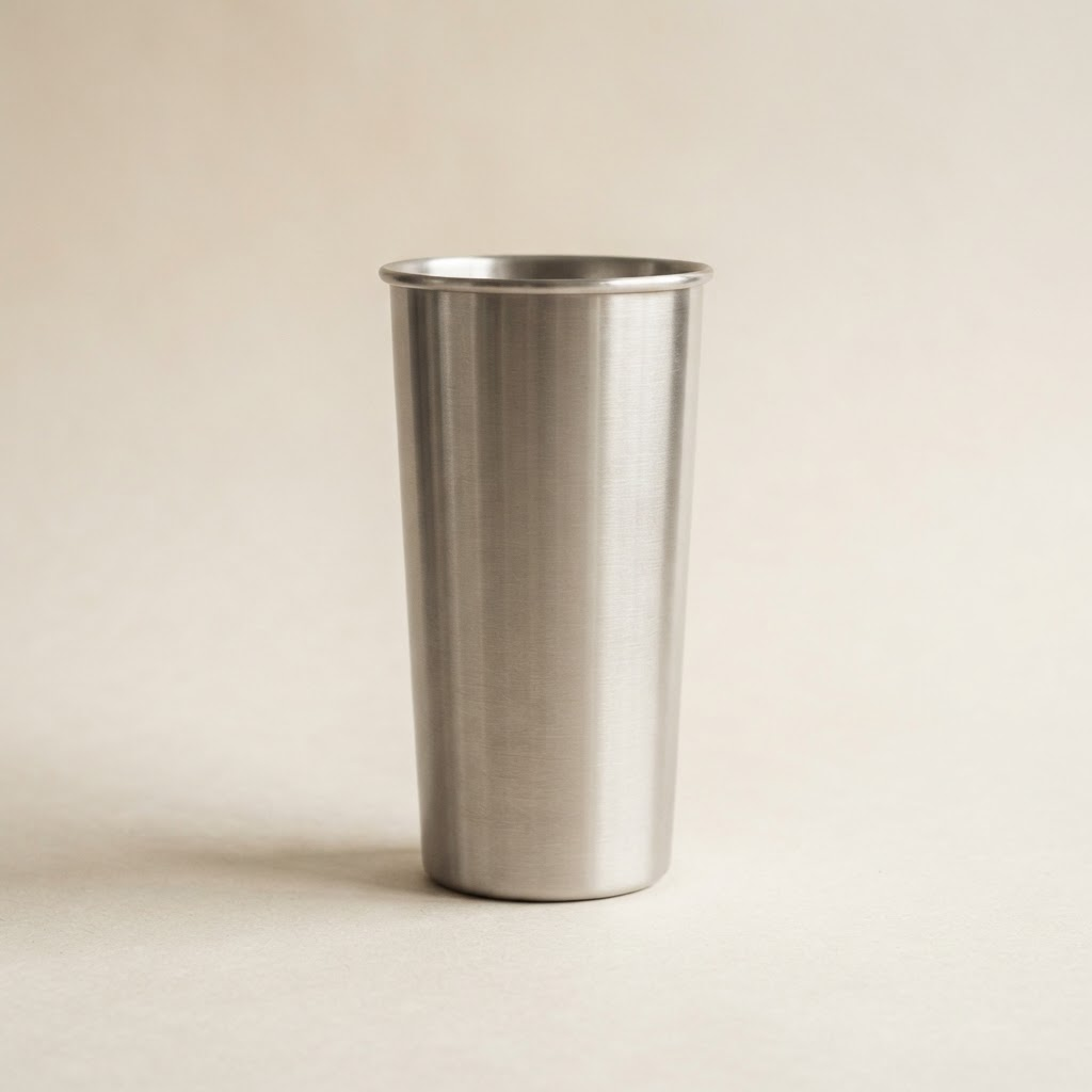 Tall brushed stainless steel tumbler on a warm off-white background