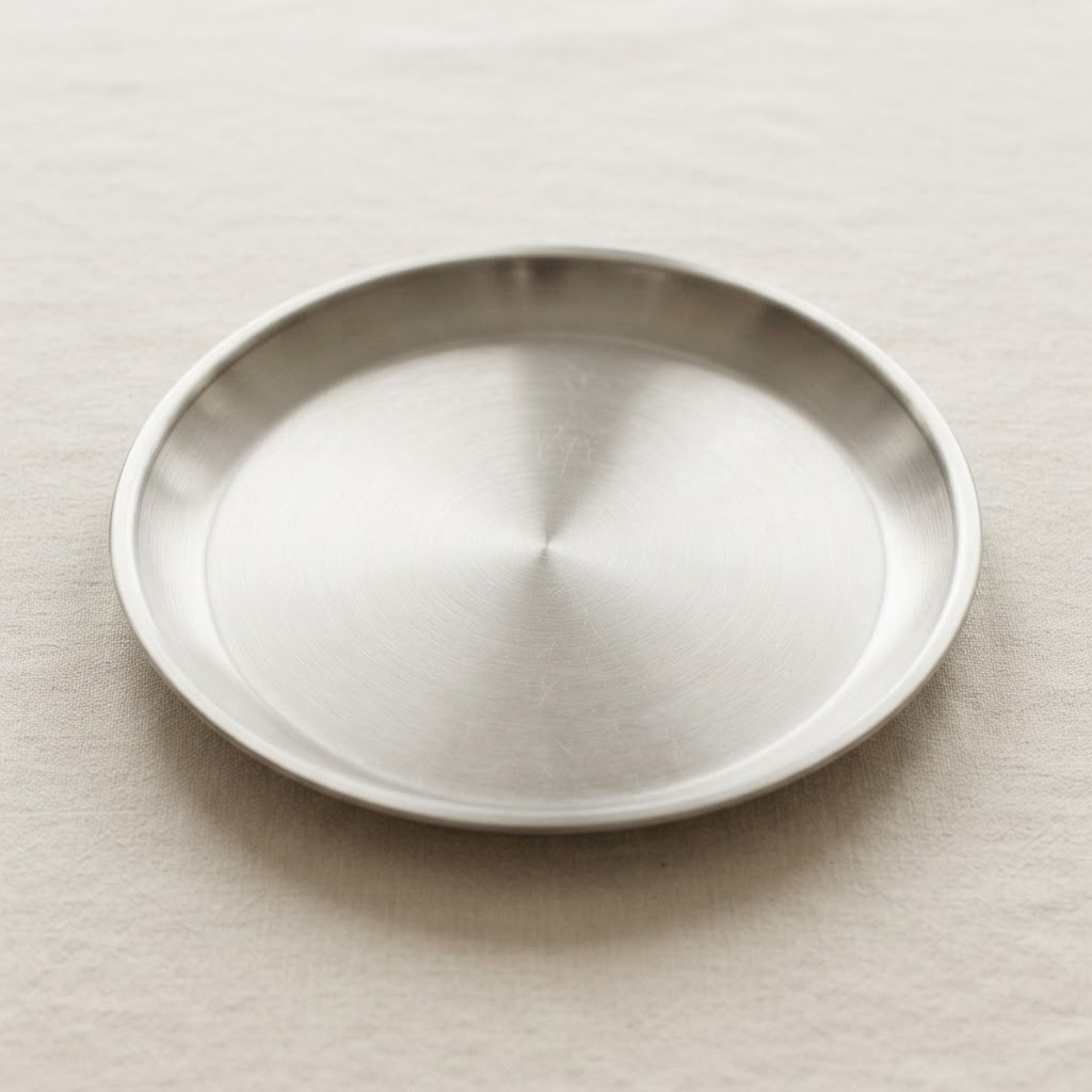 Brushed stainless steel dinner plate on a warm off-white background